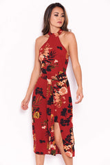 Wine Floral Choker Dress