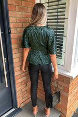 Teal Leopard Print Satin Flared Blouse