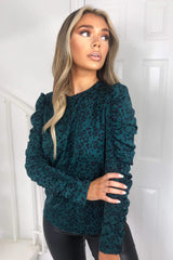 Teal Printed Ruched Long Sleeve Top