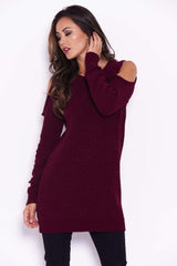 Wine Chenille Jumper With Cold Shoulder