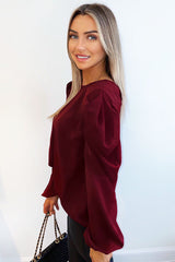 Wine Puff Sleeve Loose Fit Top