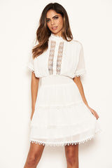 Cream Crochet Detail Tiered Dress