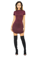 Plum Faux Suede Mini Dress with High Neck