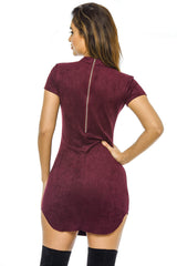 Plum Faux Suede Mini Dress with High Neck