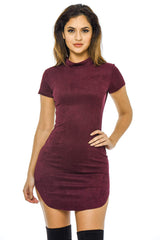 Plum Faux Suede Mini Dress with High Neck
