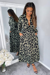 Khaki Animal Print Button Up Midi Dress
