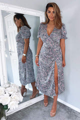 Navy White And Pink Printed Ruched Side Midi Dress