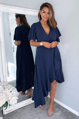 Navy Wrap Over Top Frill Hem Midi Dress