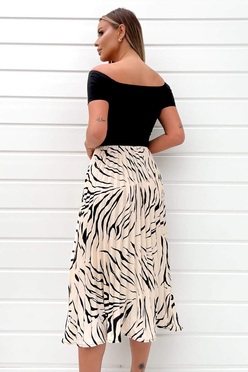 Black And Stone Animal Print 2 in 1 Pleated Midi Dress