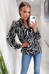 Black Animal Print Ruffle Neck Long Sleeve Top