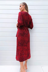 Red and Black Animal Print Tie Front Midi Dress