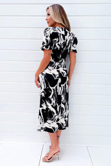 Black And Cream Printed Frill Front Midi Dress