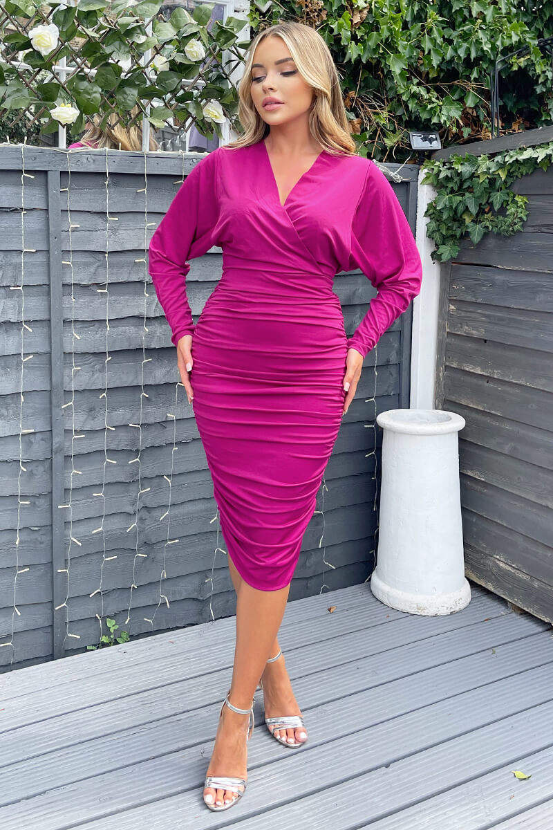 Berry Ruched Wrap Top Midi Dress