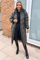 Khaki Hooded Puffer Coat with Zip Front Pockets