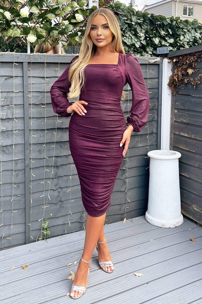 Plum Square Neck Long Sleeve Ruched Shimmer Midi Dress