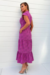 Hot Pink Heart Print Collared Smock Midi Dress