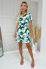 Green And White Floral Printed Short Sleeve Day Dress