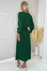 Teal Long Sleeve Shirred Detail Midi Dress