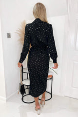 Black And Gold Polka Dot Gathered Midi Dress
