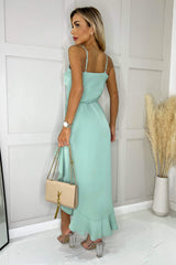 Duck Egg Frill Hem Strappy Midi Dress