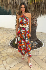 Multi Butterfly Print Halterneck Straw Belt Tiered Midi Dress