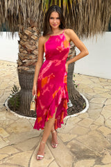 Pink Smudge Print Racer Neck High Low Frill Hem Midi Dress