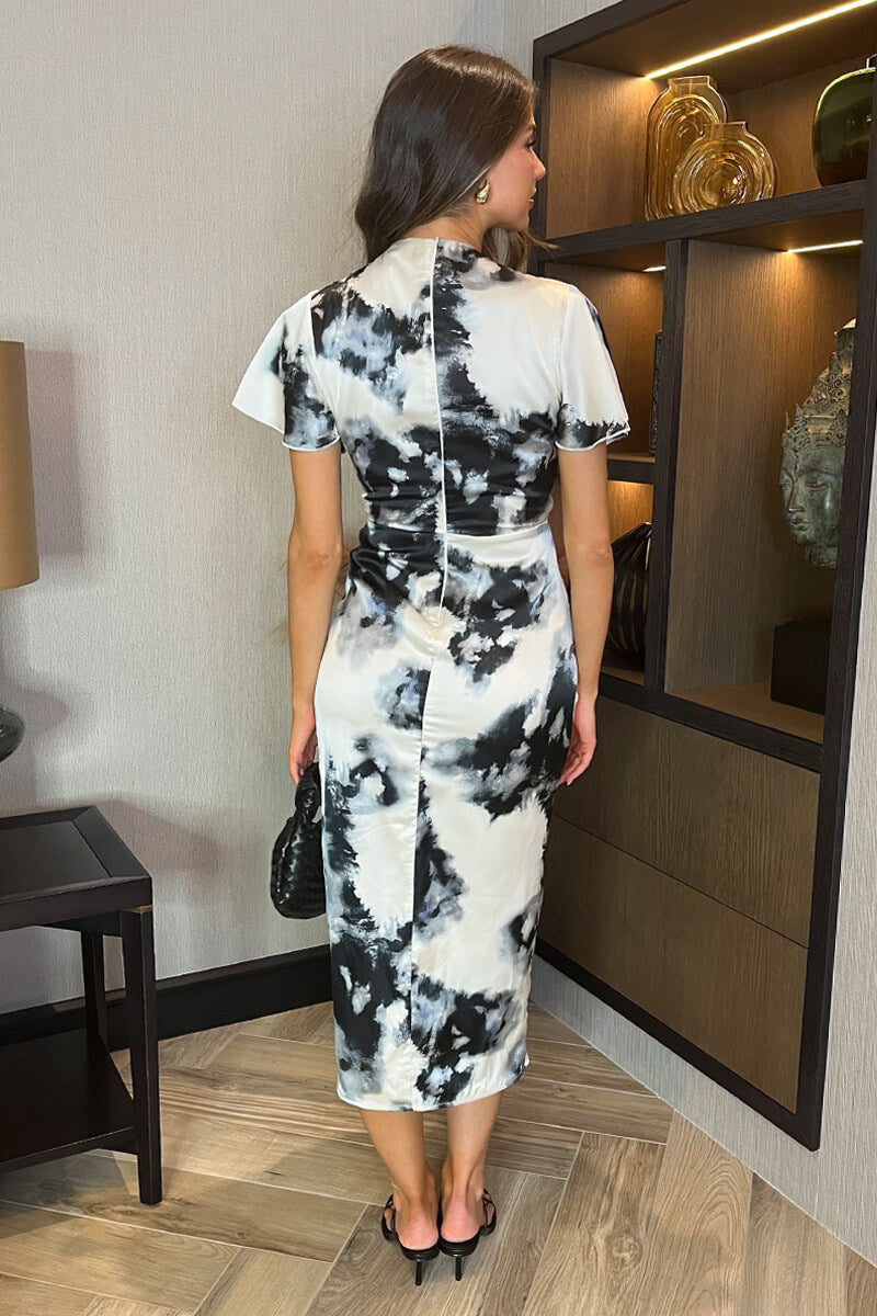 Black And White Marble Print Flutter Sleeve Wrap Top Gathered Midi Dress