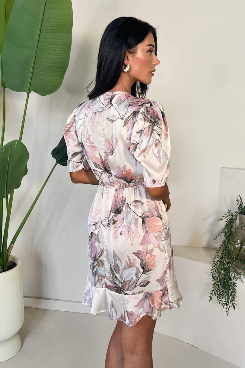 Blush Floral Print Wrap Top Short Sleeve Mini Dress