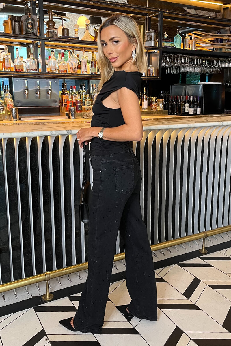 Black Diamante Loose Fit Straight Leg Jeans