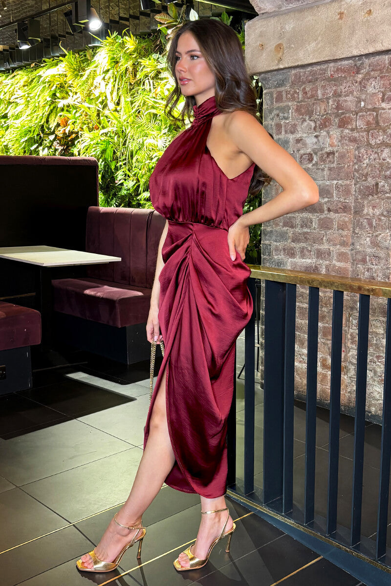 Wine Halter Neck Gathered Skirt Midi Dress