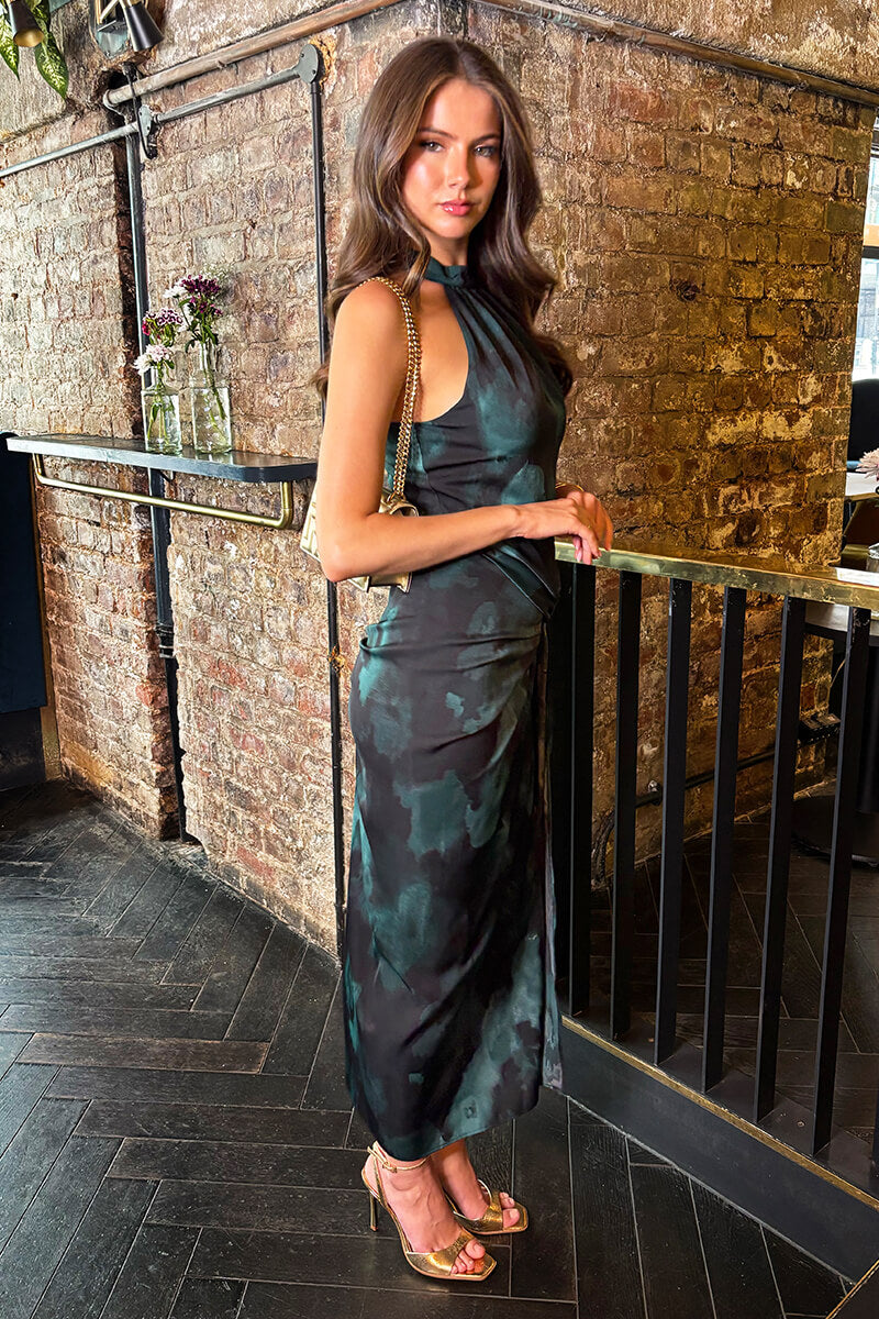 Teal And Black Smudge Print Halter Neck Knot Skirt Midi Dress