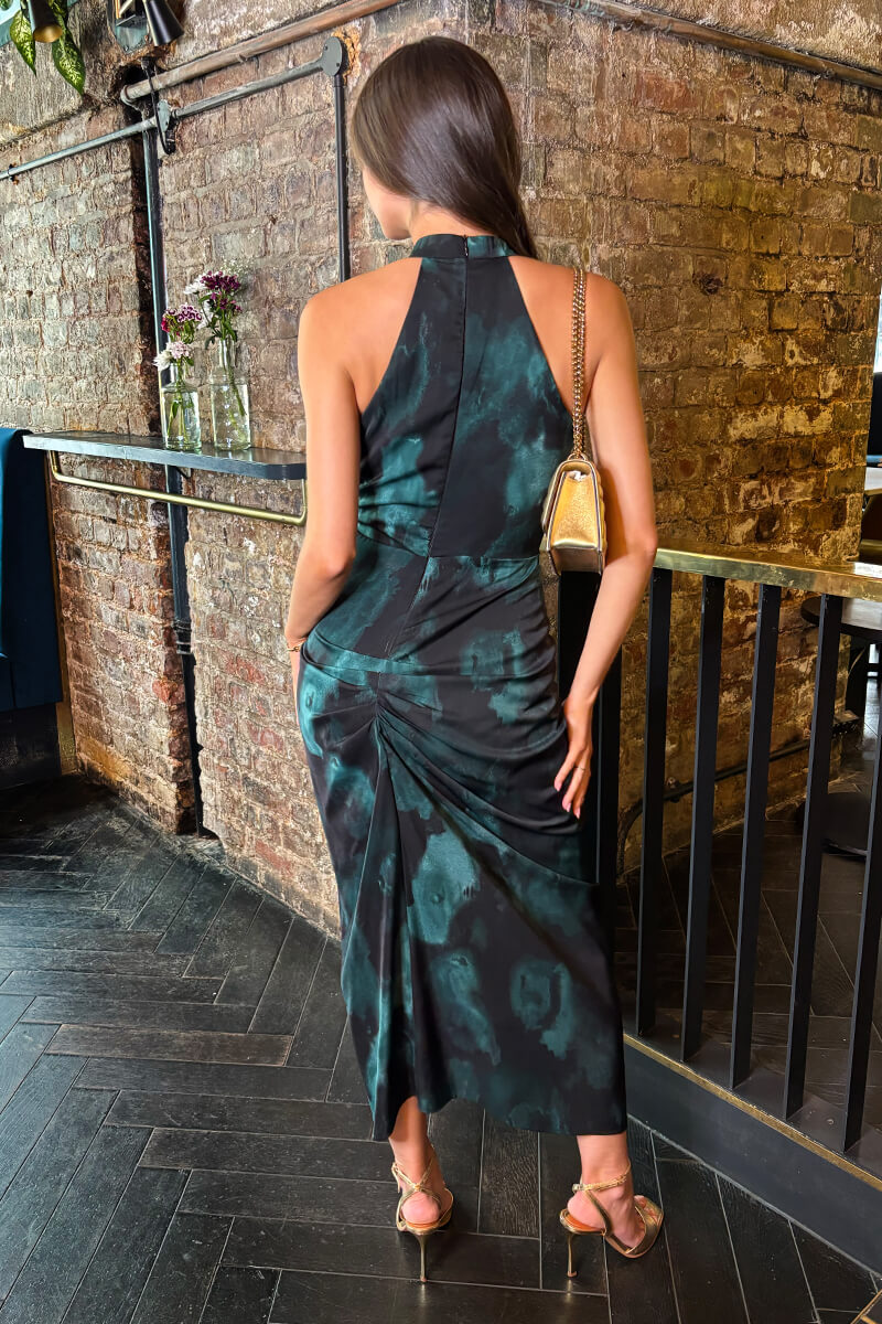 Teal And Black Smudge Print Halter Neck Knot Skirt Midi Dress
