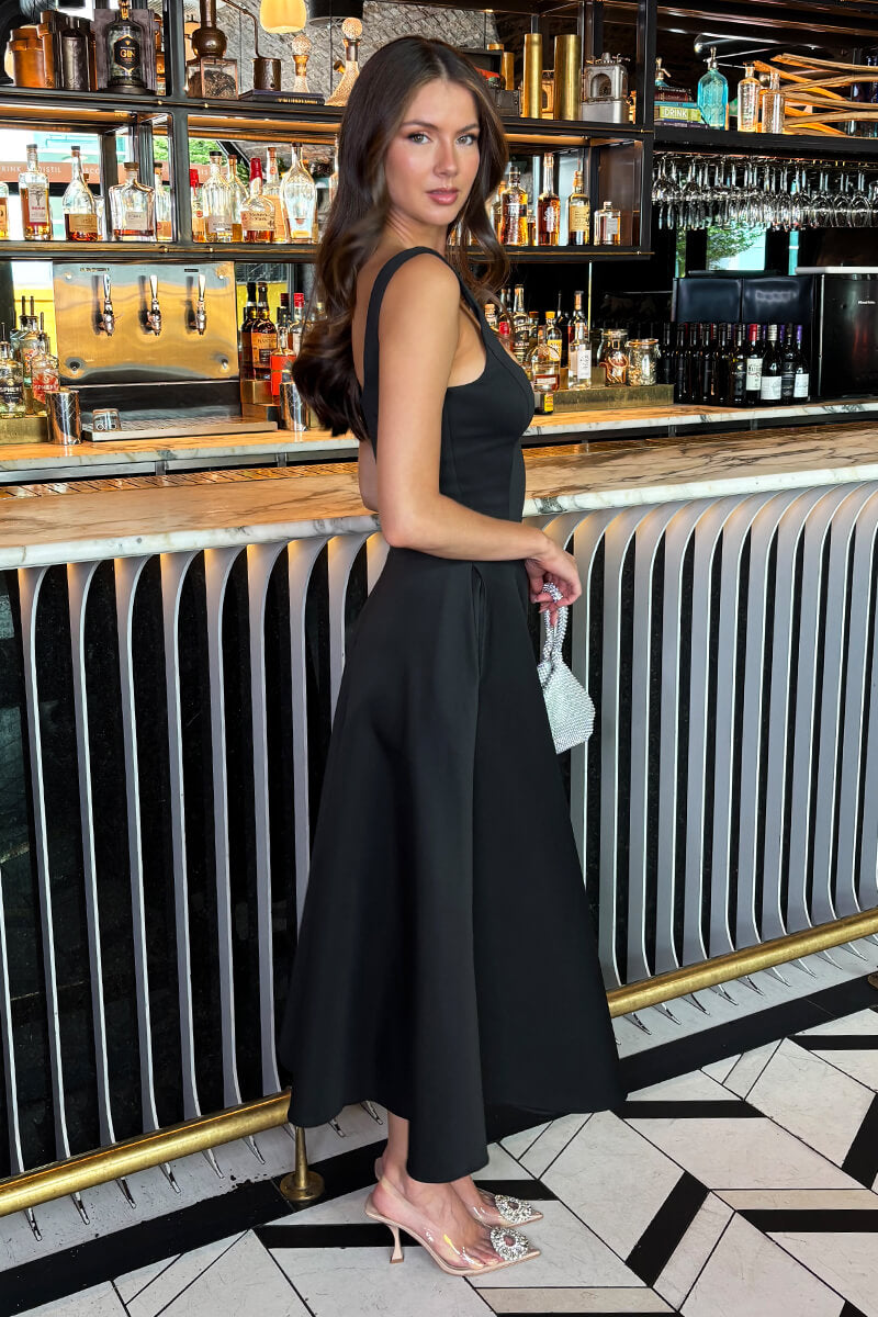 Black Square Neck A-line Midi Dress