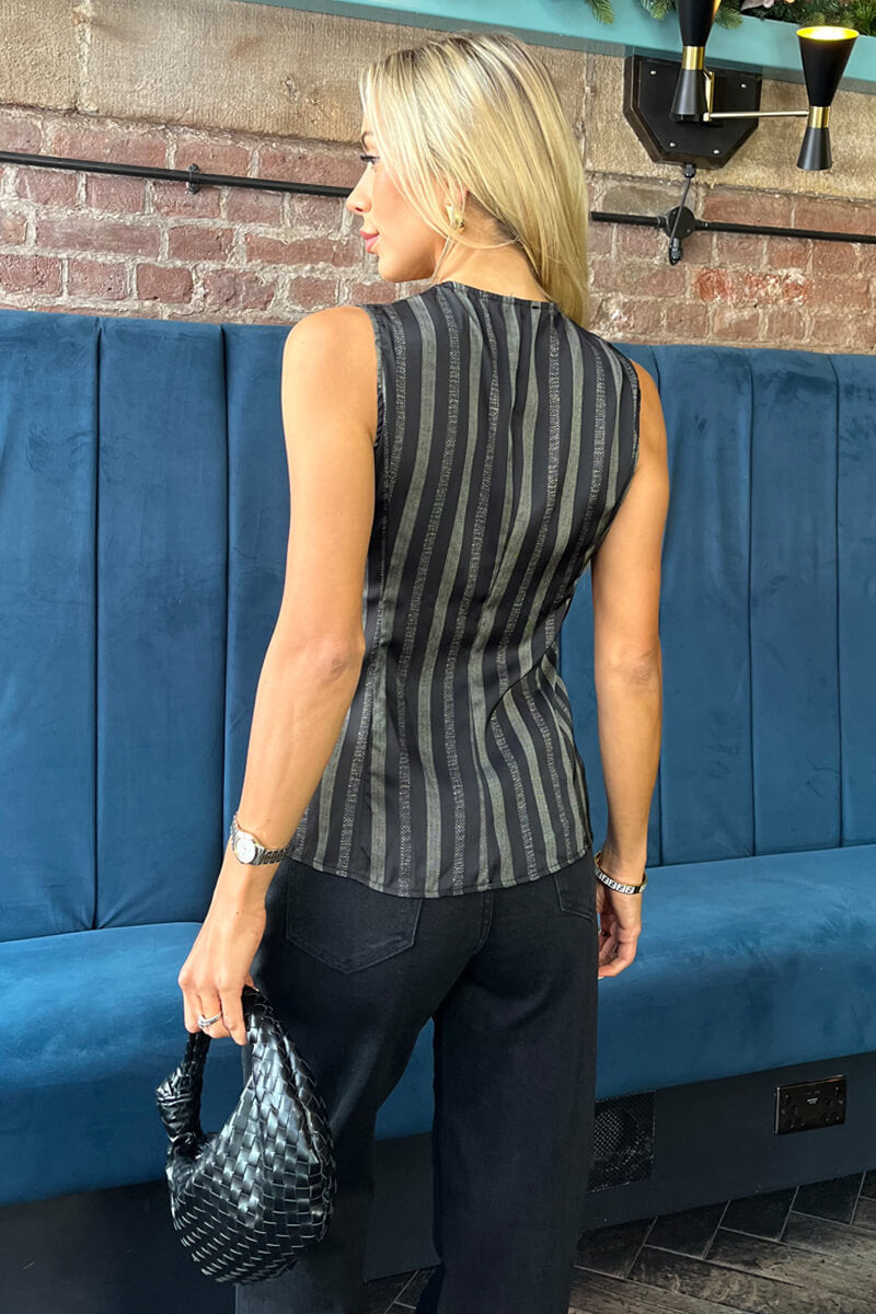 Black Stripe Print Button Front Waistcoat