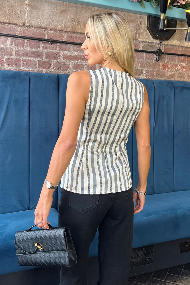 Cream And Black Stripe Print Button Front Waistcoat