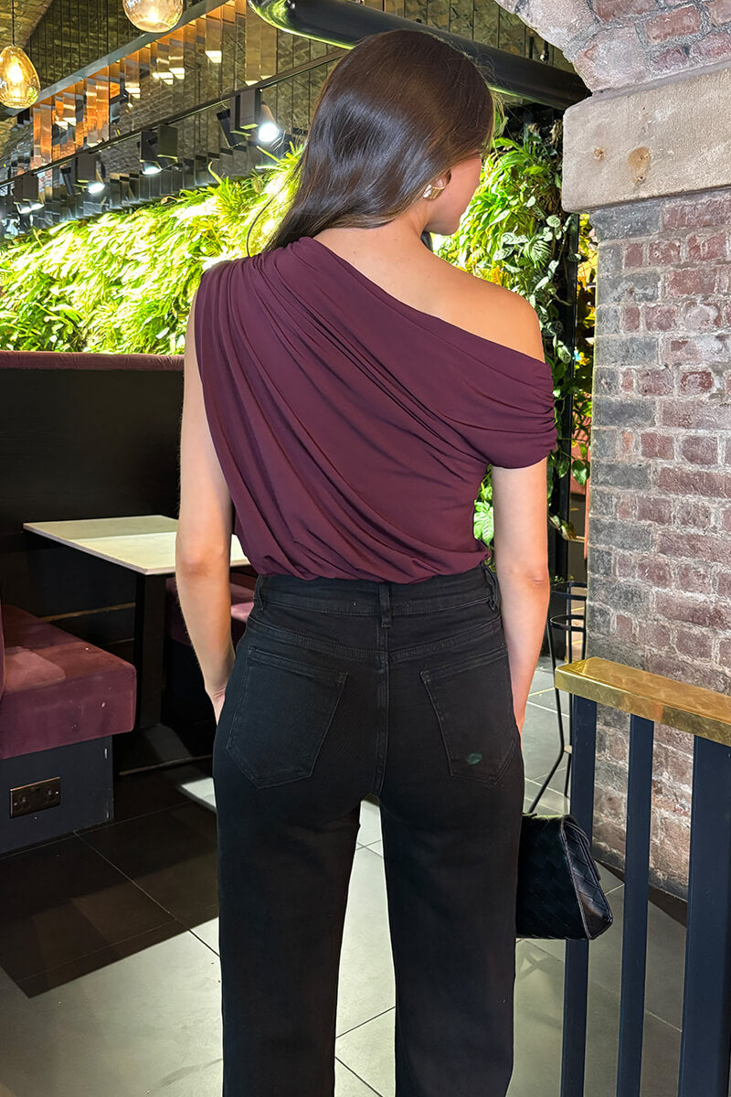 Dark Plum Off The Shoulder Draped Bodysuit