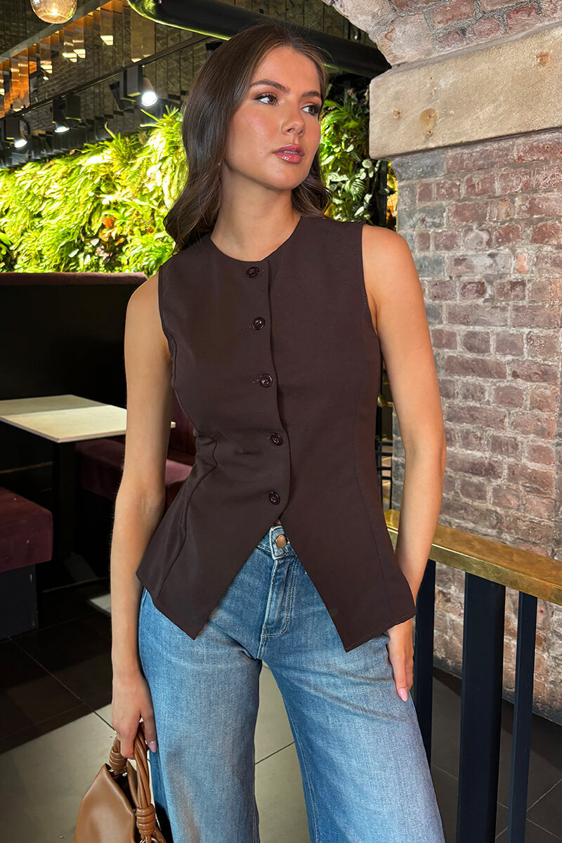 Chocolate Button Front Longline Waistcoat