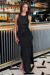 Black Sparkle O-Ring Detail Bodycon Midi Dress