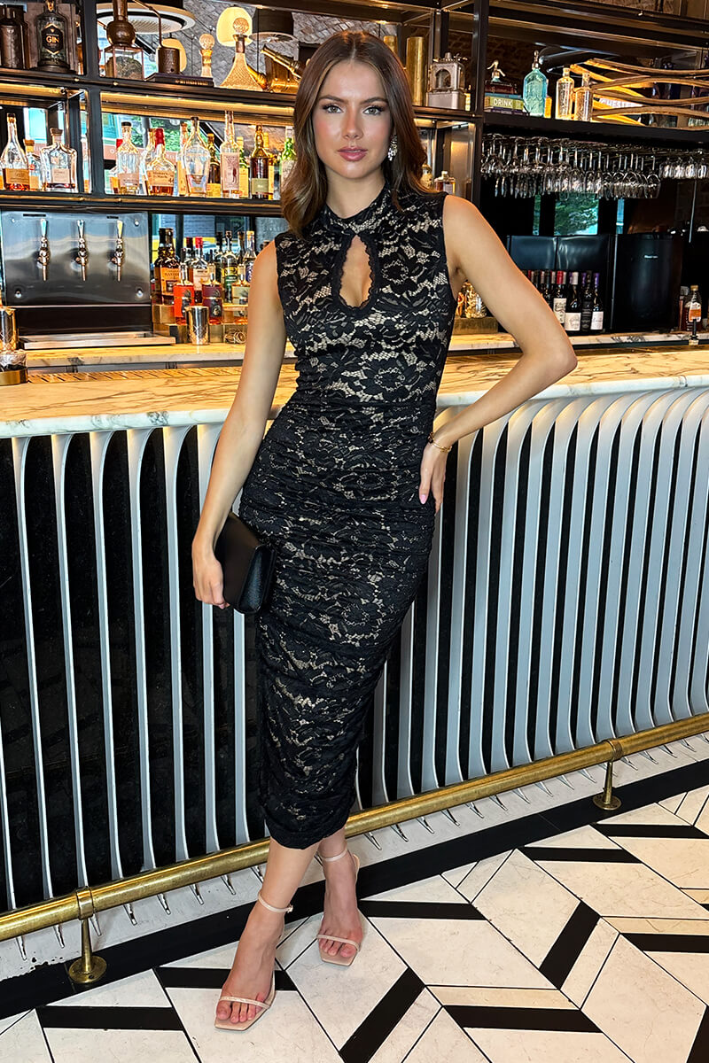 Black Lace Contrast Keyhole Neck Ruched Midi Dress