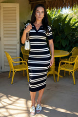 Black And Cream Striped Knitted Bodycon Midi Dress
