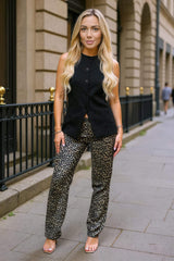 Brown Leopard Print Frayed Hem Straight Leg Jeans