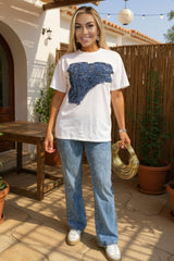 White Graphic Blue Denim Print T-Shirt