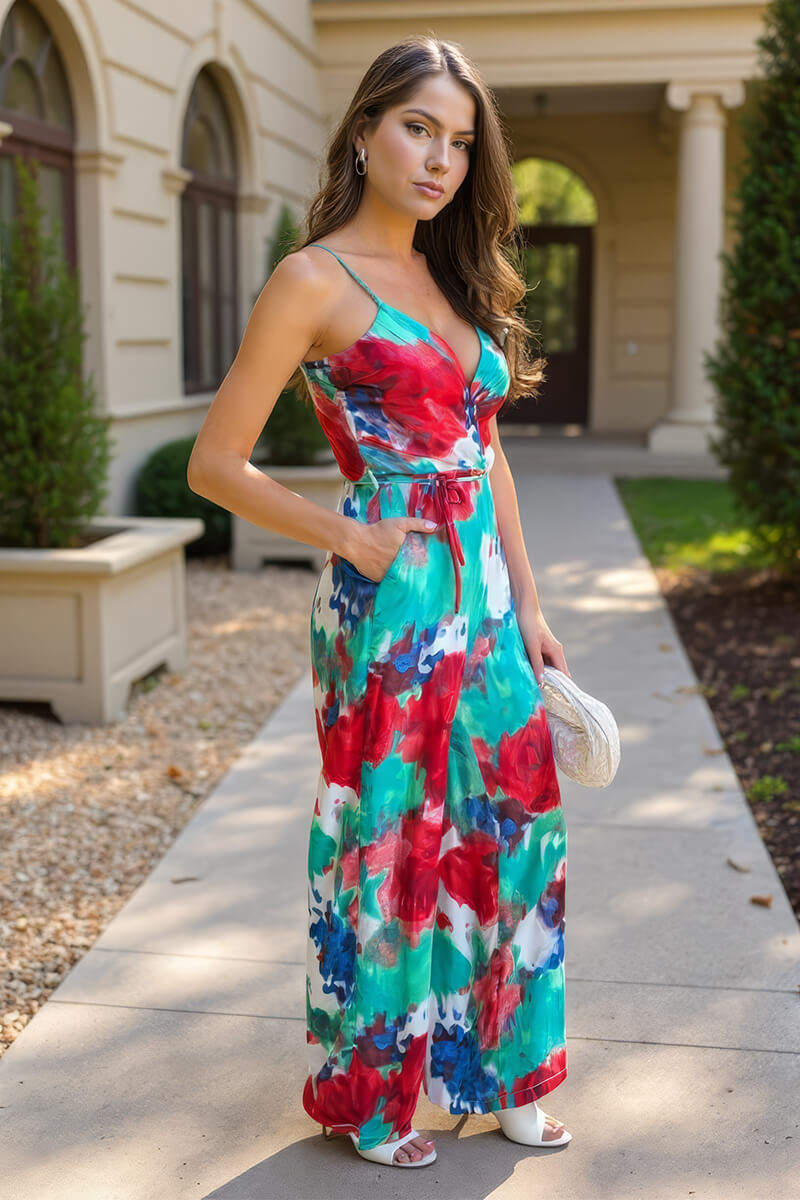 Multi Tie Dye Printed Strappy Tie Waist Jumpsuit
