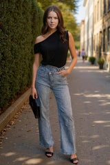 Grey Wash Asymmetric Waist Wide Leg Jeans