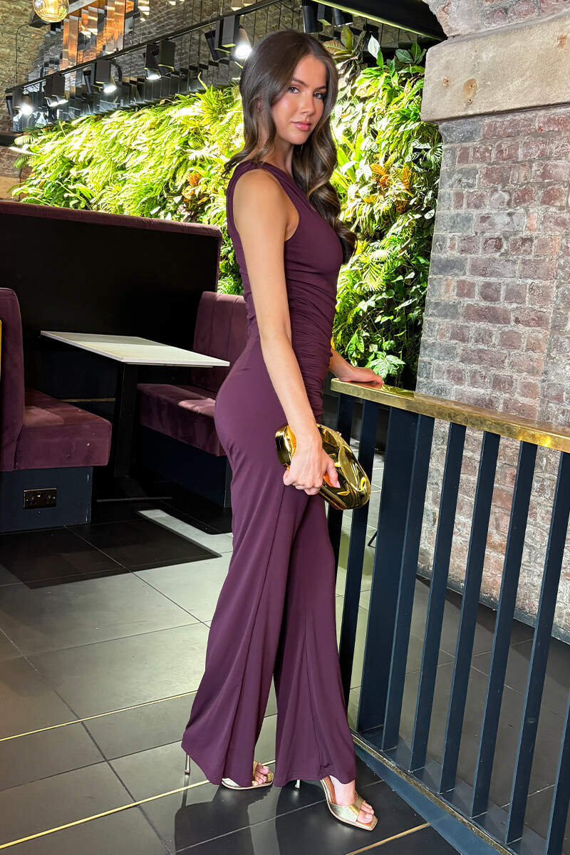 Dark Plum One Shoulder Draped Waist Jumpsuit