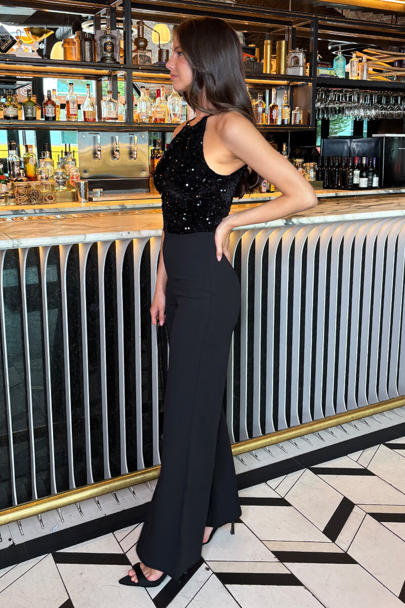 Black Velvet Sequin 2 in 1 Racer Neck Jumpsuit