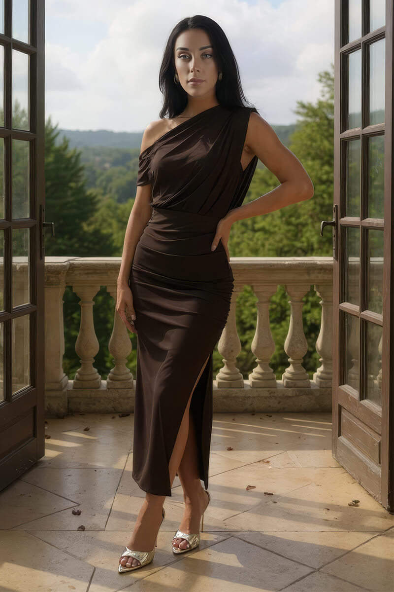 Chocolate Off The Shoulder Draped Top Midi Dress