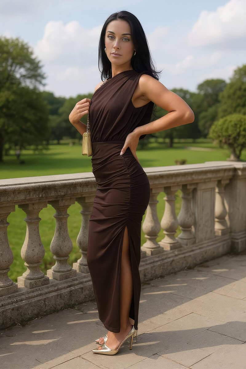 Chocolate Off The Shoulder Draped Top Midi Dress