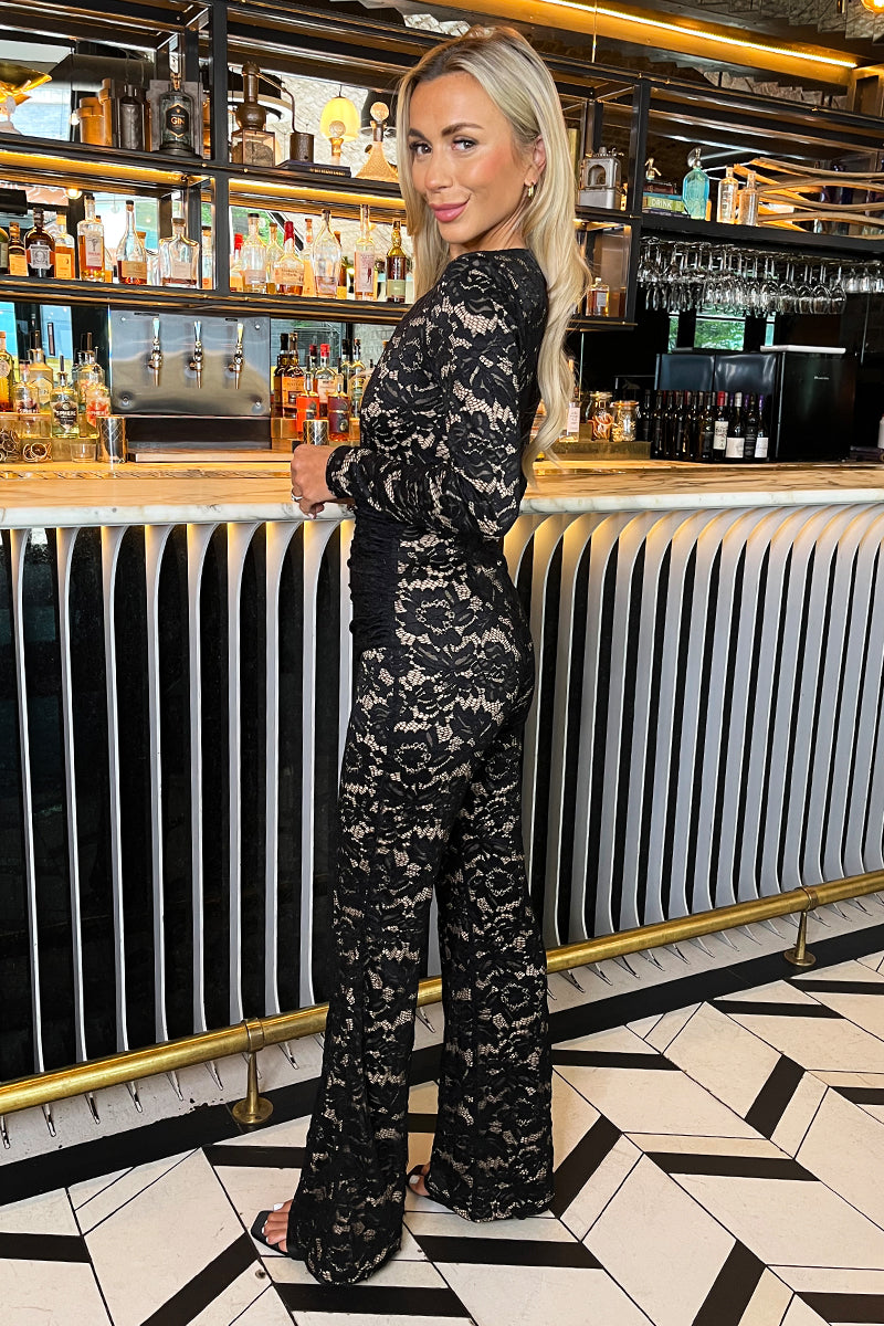 Black Lace Contrast Draped Waist Jumpsuit