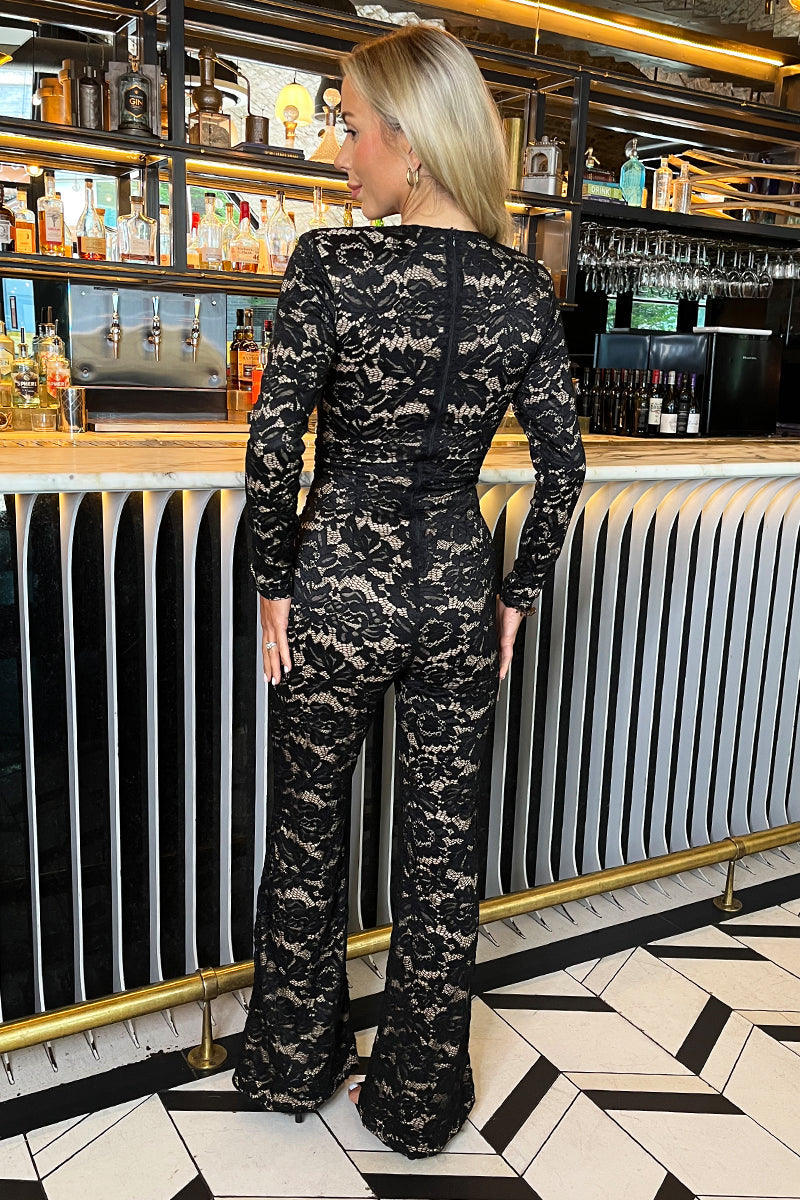 Black Lace Contrast Draped Waist Jumpsuit